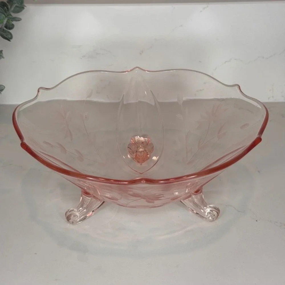 Lancaster Glass Jubilee‎ Pattern Three-Footed Bowl Etched Floral Design